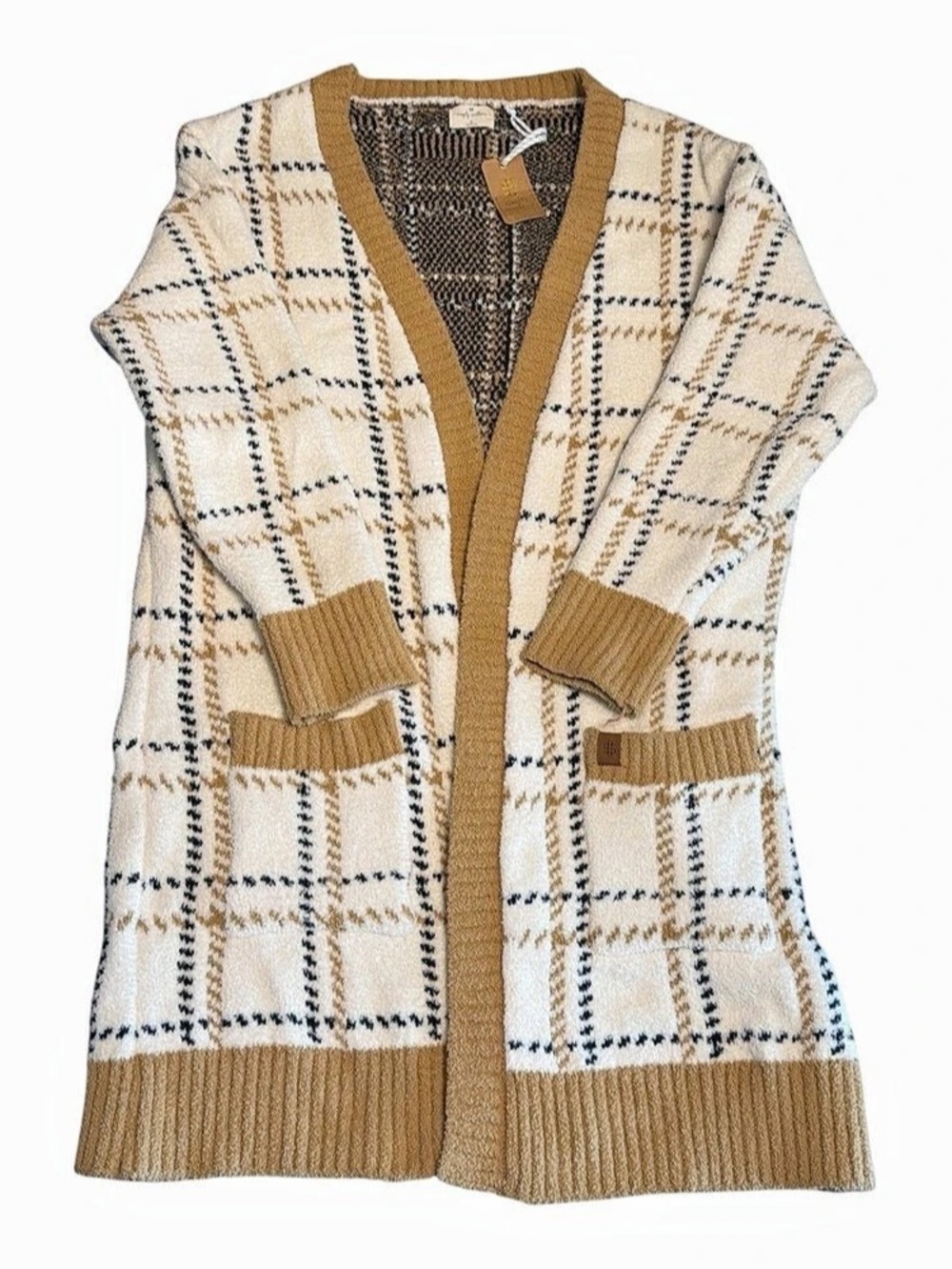 Preppy Classic Simply Southern Plaid Longline Cardigan Cream Camel Large NWT